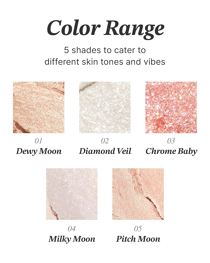 Glint Dewy Highlighter (Pitch Moon, 0.08oz) - Luminous Glow, Infused with Micropearls, Shiny Illuminator. Rich Pigment & Silky Touch, Korean Makeup.