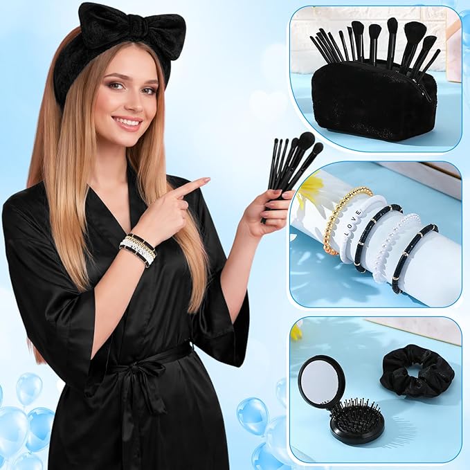 15 Pcs Birthday Gifts for Women Robe Sets for Women Spa Basket Set Graduation Gifts Bath Robe Make up Brushes Scented Candle Fluffy Socks Coffee Cup for Mom Nurse Girlfriend Wife(Black)