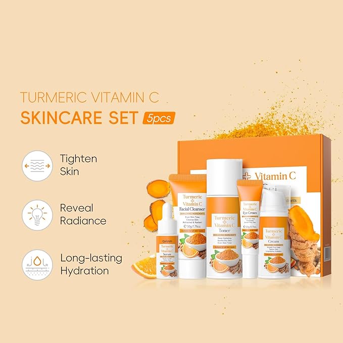 Turmeric Skin Care Set, Turmeric Skin Care Gift Set with Facial Cleanser, Toner, Serum, Eye Cream, Moisturizer, Turmeric Skin Care Kit, Face Cream Travel Kit for Women Teen Girls Mom Daughter Birthday