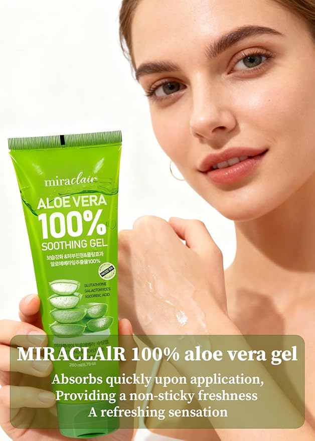 MIRACLAlR Aloe Vera Gel | 100% Pure Aloe Gel for Face, Body & Sunburn Relief, Aloe Vera for Burns - Durable Moisturizing Hydrating Soothing, Squeeze-on Mask, Made in Korea, Travel Size, 8.79 oz
