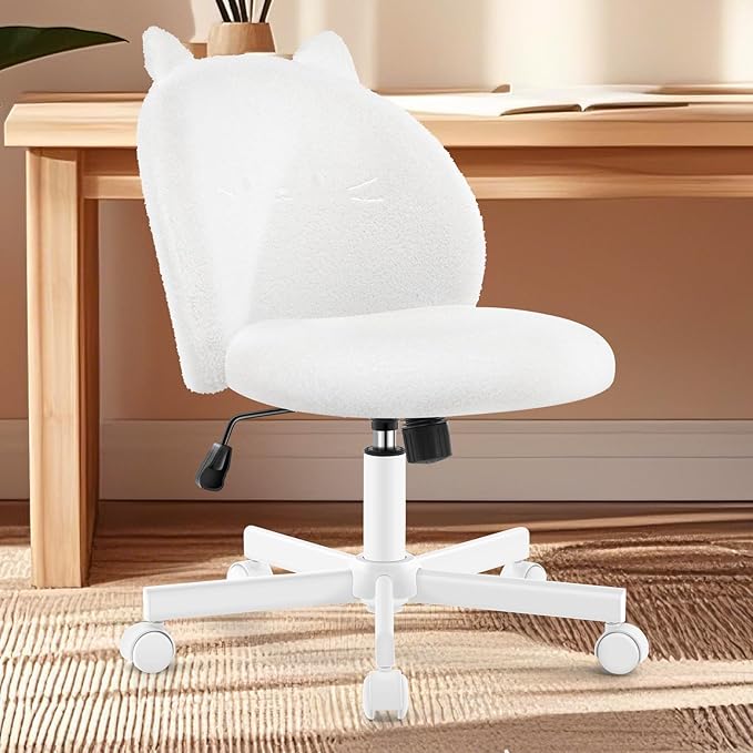 Vanity Chair with Cat Back,Armless Desk Chair Cute Small Office Chair,Teddy Fabric Computer Chair with Adjustable Height,120°Tilting,Rolling,Swivel for Vanity,Kids Room,Office,Bedroom White
