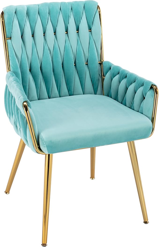 Westice Home Office Desk Chair, Upholstered Hand Weaving Desk Chairs with Golden Metal Legs & Armrest, Modern Accent Chairs for, Living Room, Vanity Makeup Room, Blue
