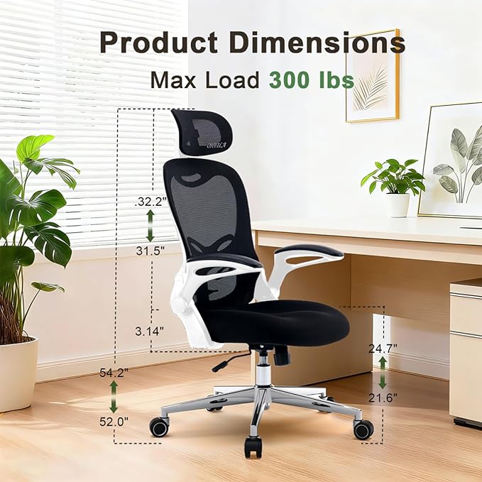 Office Chair, Ergonomic Breathable Mesh Chair,Flip-Up Arms and Adjustable High Back Lumbar Support,Comfy Computer Chair for Home Office (Black/White, 407)