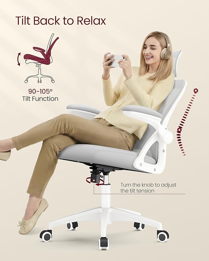 VASAGLE Ergonomic Mesh Office Chair with Adjustable Lumbar Support and Headrest, 90-105° Tilt Function, Wide Seat, Flip‑Up Armrests, Computer Desk Chair for Home Office, Dove Gray UOBN044GD01S