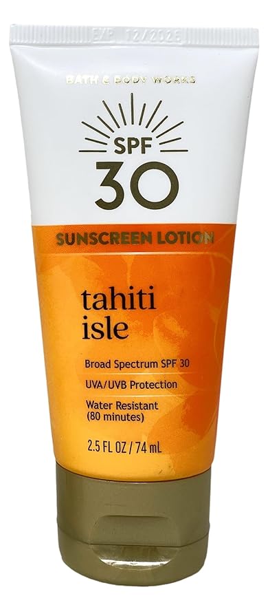 Bath & Body Works Tahiti Isle 2 SPF 30 Sunscreen Lotions Travel Size with a Peach Gardenia Sample Soap