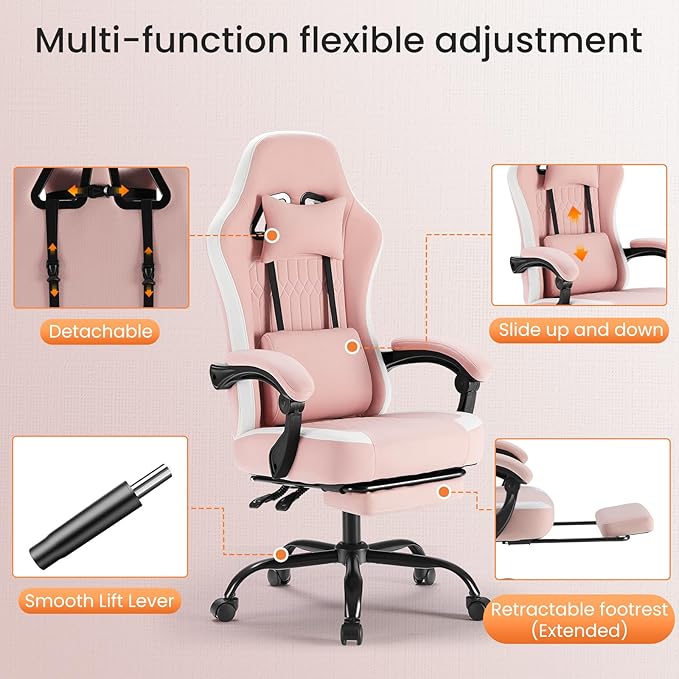 NEWBULIG Gaming Desk Chair - High Back Computer Office Chair with Footrest and Headrest, Comfy Ergonomic Lumbar Support with Linkage Armrests, Height Adjustable and 360° Swivel Wheels, Pink
