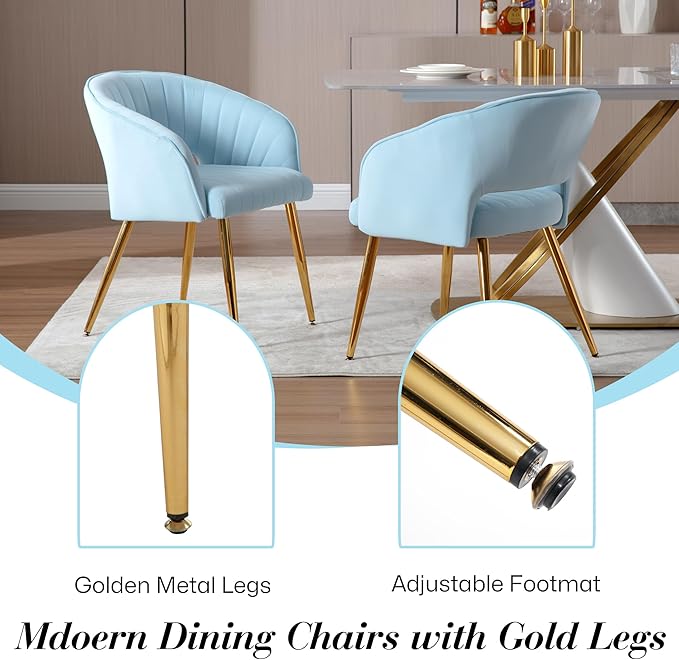 Modern Velvet Vanity Chair, Home Office Desk Chair with Hollow Back, Upholstered Dining Chair with Gold Metal Legs, Comfy Accent Armchair for Living Room Bedroom, Light Blue