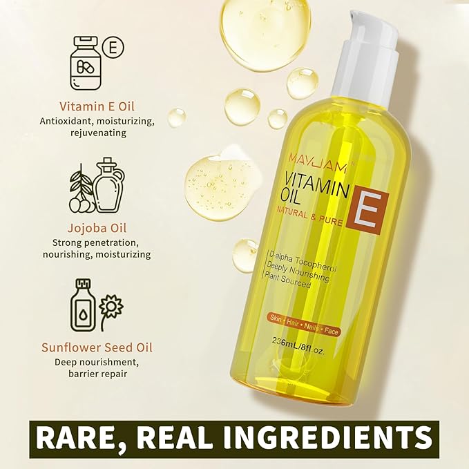 MAYJAM Organic Vitamin E Oil 50,000 IU for Skin, Pure & Natural Vitamine oils for Scars Hair, Face, Nail, Scalp Bath and Body Oil, Tocopherol to Repair Damaged Skin, Moisturizing Dry Skin, 8 Fl Oz