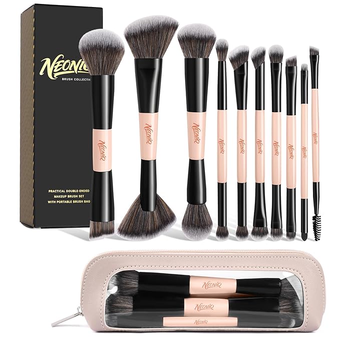 10 PCS Travel Makeup Brush Set With Bag, Makeup Brushes, Double-End Multi-functional Brushes for Foundation Powder Blush Eyeliner Eyeshadows, Professional Face Brush Set（Pink）