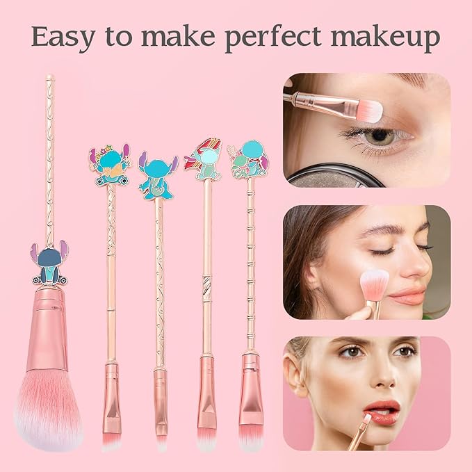 5PCS Pink All-in-One stch Makeup Brush Set – For Eyeshadow, Eyebrows, Eyeliner, Lips & Concealer, Wonderful Birthday & Holiday Pick for Girls