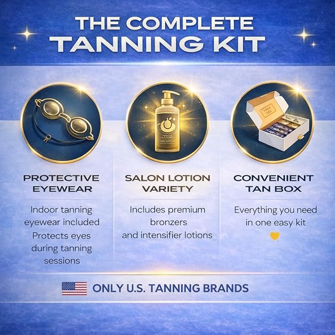 10 Pack of Tanning Bed Lotion Packets + Eyewear, The Tan Box is a Random Selection, Best Indoor UV or Outdoor Sun Cream, Dark Accelerator with Goggles (0.5 oz each)