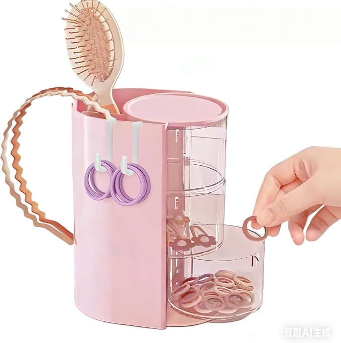 Hair Accessories Organizer with 2 Hooks,3-Layer Rotatable Hair Tie Organizer With Hair Brush Holder,Makeup Brush Holder For Hair Ties,Hair clips,and Hair bows (Pink)