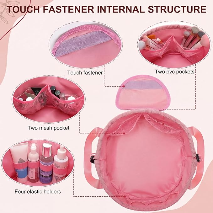makeup bag lay flat Lay Flat Barrel Drawstring Corduroy Makeup Bag for Women Portable Open-flat Large Capacity Travel Cosmetic Organizer, Skincare & Brush Storage(Pink)