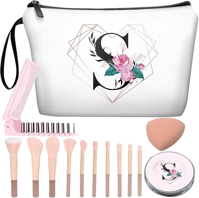 Personalized Initial S floral Makeup Bag set with Mirror for Women,White Ietter travel Cosmetic bag kit for Bride Bridesmaid with10 pieces pink brush set,Initial Gifts for Girls Mom femal Friends