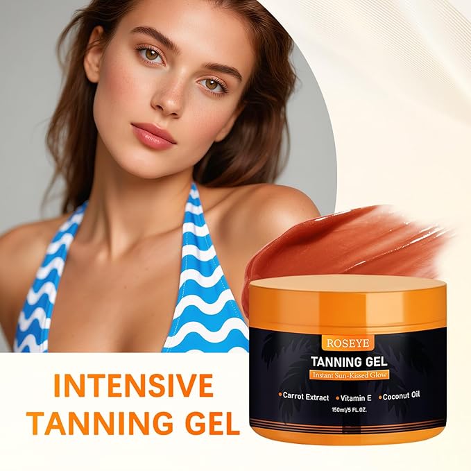 Roseye Intensive Tanning Gel Buildable Natural Glow with Carrot Extract, Coconut Oil Vitamin E Non-Greasy Fast-Absorbing Formula for All Skin Types - 5.8 FL OZ