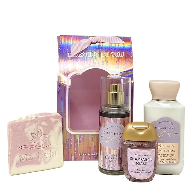 Bath & Body Works Champagne Toast Toasting To You Mini Gift Bag Trio Bundle - Fragrance Mist, Body Lotion and Hand Gel - with a Himalayan Salts Springs Sample Soap - Travel Size