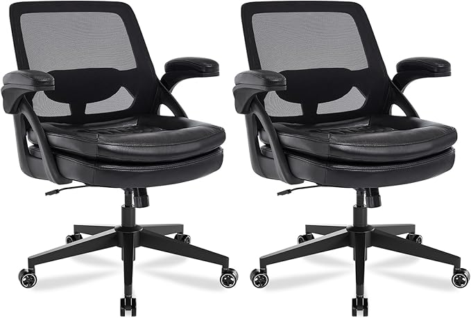 Big and Tall Office Chair, 500lbs Mesh Heavy Duty Ergonomic Desk Chair with Flip-up Armrests, Plus Size Wide Seat in PU Leather, 360 Swivel Computer Executive Task Chair for Home Office (Black)