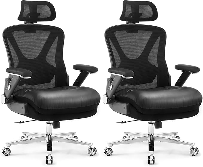 750lbs Ergonomic Office Chair,Upgrade Big and Tall Office Chairs for Heavy People,Mesh High Back Desk Chair with 5D Flip Arms Large Wheels,Adjustable Headrest & Lumbar Support,2 Pack