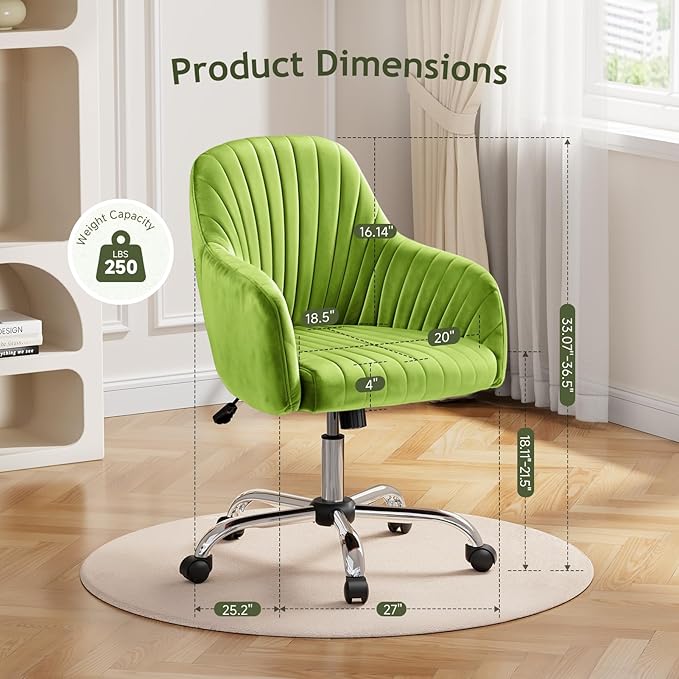 Warmiehomy Velvet Desk Chair for Home Office, Modern Adjustable Swivel Task Chair, Women Vanity Chairs with Arm Rest for Bedroom Dressing Room, Light Green