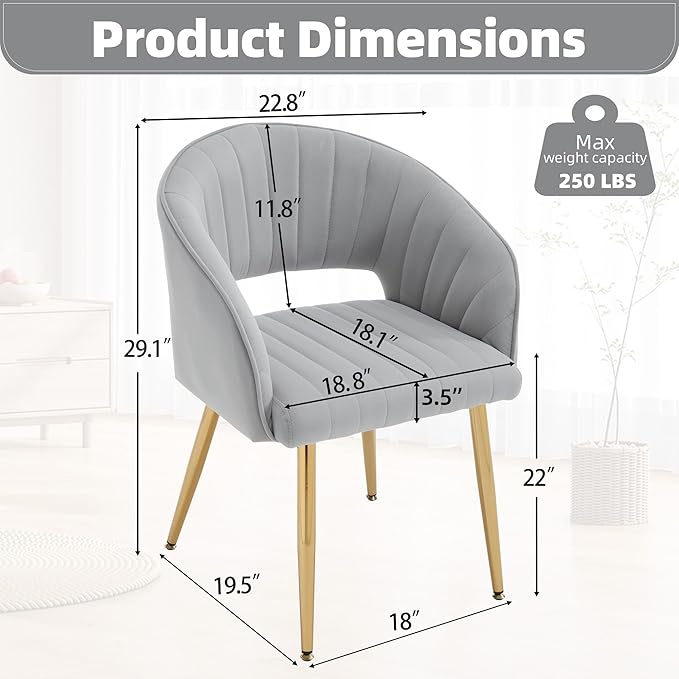 ABET Desk Chair with No Wheels, Velvet Home Office Armchair Gold Legs, Upholstered Modern Accent Chairs, Side Chair for Living Room Bedroom Vanity, Grey