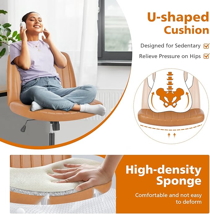 Sweetcrispy Criss Cross Chair Legged, Armless Office Swivel Desk Chair No Wheels, Vanity Height Adjustable Wide Seat Faux Leather Computer Task Seating for Home Bedroom