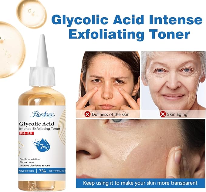 7% Glycolic Exfoliating Acid Toner, Even Skin Tone, Smooth Skin, Unclogs Pores, Gentle Effective Toner with Hydrating Properties for Daily Use