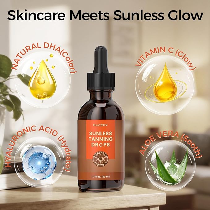 Self Tanning Drops - Face Tanning Drops & Body Bronzing Serum for Instant Sun-Kissed Glow, Streak-Free Sunless Tanner, Buildable Natural Tan, Plant Based, 1.7 fl oz (50ml)