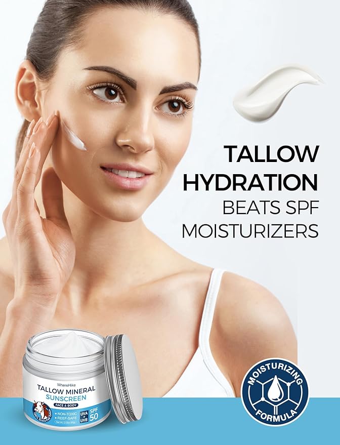 Organic Beef Tallow Sunscreen-SPF 50 with Zinc Oxide,Non-Toxic 2-in-1 Moisturizer & Mineral Sunblock | Reef Safe, Chemical-Free,Lightweight, Clean Formula for Sensitive Skin Natural Sunscreen.