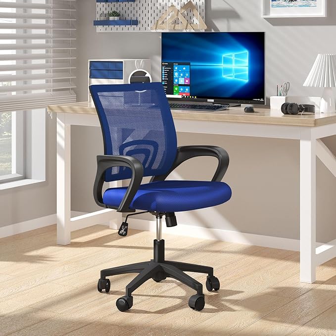 Home Office Chairs, Ergonomic Mid-Back Mesh Desk Chairs with Lumbar Support, Adjustable Swivel Rolling Design, Comfy Armrest for Work, Study, Gaming, Vanity, Navy Blue, 2 Pack