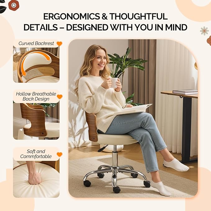 VINGLI Armless Home Office Desk Chair, Adjustable Swivel Chair,Dual-Use with/no Wheels,Small Retro Designed Walnut Curved Task Chair,Cushioned Nail Tech Chair for Study Area,Workspace,PU,Ivory White