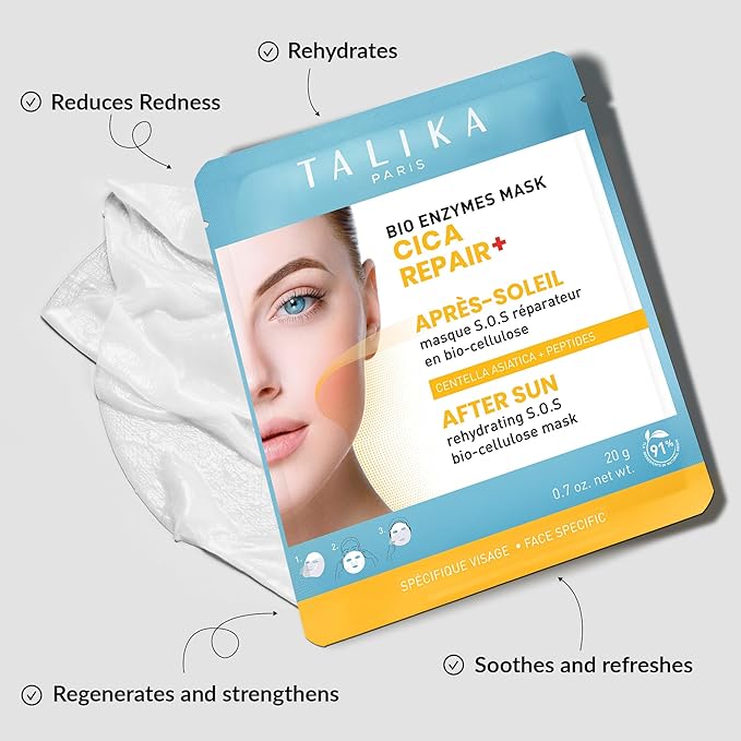 Talika Bio Enzymes Mask - Cica Repair+ After Sun Biocellulose Face Mask | Centella Asiatica & Allantoin for Soothing Sun-Exposed Skin | Deeply Hydrates, Repairs & Strengthens Skin Barrier
