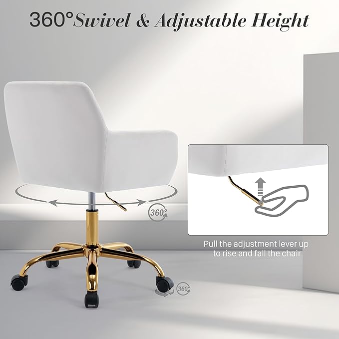 Faux Fur 360°Swivel Desk Chair, Height Adjustable Home Office Armchair with Golden Base for Teens Women Girls, Upholstery Computer Chair for Home Studios, Velvet & White