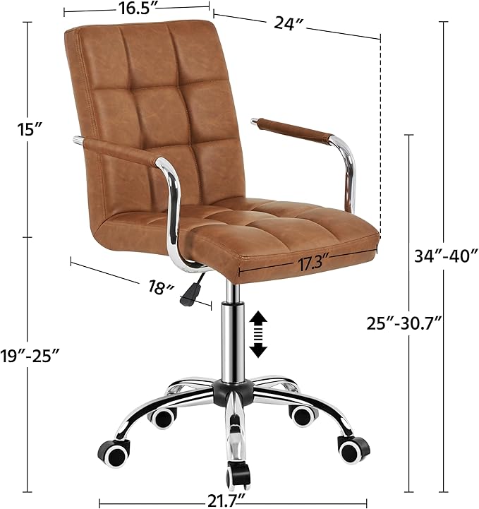 Yaheetech PU Leather Comfortable Office Desk Chair Mid Back Height Adjustable Computer Swivel Chair w/Armrests, Retro Brown