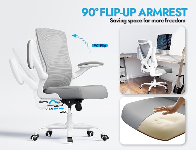 Office Chair Ergonomic Desk Chair Comfy: 330LBS Mesh Computer Chair Ergonomic Gaming Chairs with Wheels Adjustable Lumbar Support and Flip up Armrest-Swivel Executive Chairs Long Hours(White Gray)