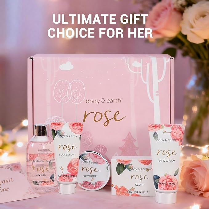 BODY & EARTH Spa Gift Set for Women - Luxurious 5 Pcs Bath and Body Box, Rose Scent, Includes Body Wash, Body Butter, Body Lotion and More, Birthday Mothers Day Gifts for Mom Self Care Kit for Her