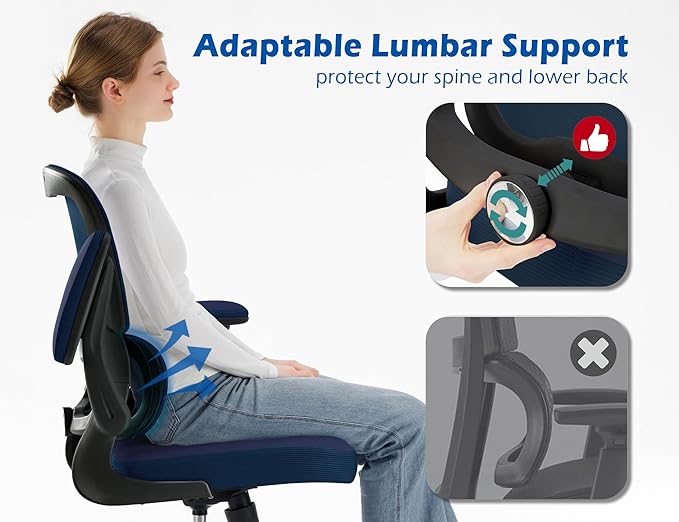 TRALT Ergonomic Office Chair - Desk Chair with Adjustable Lumbar Support Computer Chair - Mesh Comfy Chair with Flip-up Armrests - Gaming Chairs for Adults Home Office (PU Leather, Navy Blue)