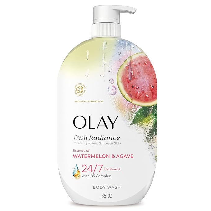 Olay Body Wash for Women, Fresh Radiance, 24/7 Skin-Loving Freshness, Visibly Radiant, Plant Based Cleansers, Vitamin B3 & Antioxidant Blend, For All Skin Types, Watermelon & Agave Scent, 35 fl oz