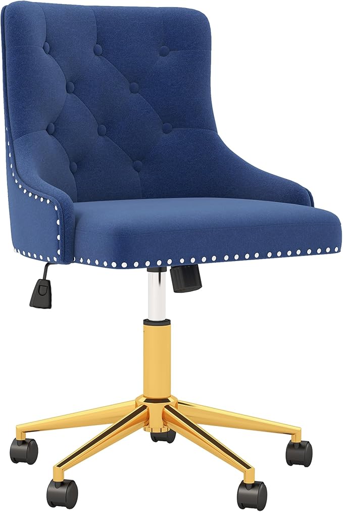 Westice Home Office Desk Chairs, Upholstered Velvet Swivel Desk Chair with Tufted Back, Gold Metal Base & Wheels, Height Adjustable Vanity Makeup Chair for Bedroom Living Room, Blue