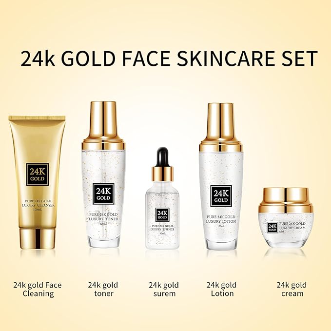 24K Gold Skincare Set 5 Piece,Moisturizing Face Skin Care Kit with Facial Cleanser,Face Serum,Face Cream,Face Lotion,Face Toner,24K Women Skincare Set For All Skin Types
