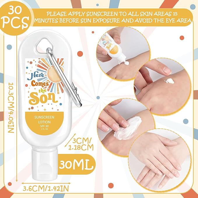 Leelosp 30 Pcs Here Comes The Son Baby Shower Mini Sunscreen with Carabiner Bulk Travel Size 1 Fl. Oz. SPF 30 Water Resistant Mini Lotion Boho Retro Baby Boy Shower Favors Birthday Party Supplies