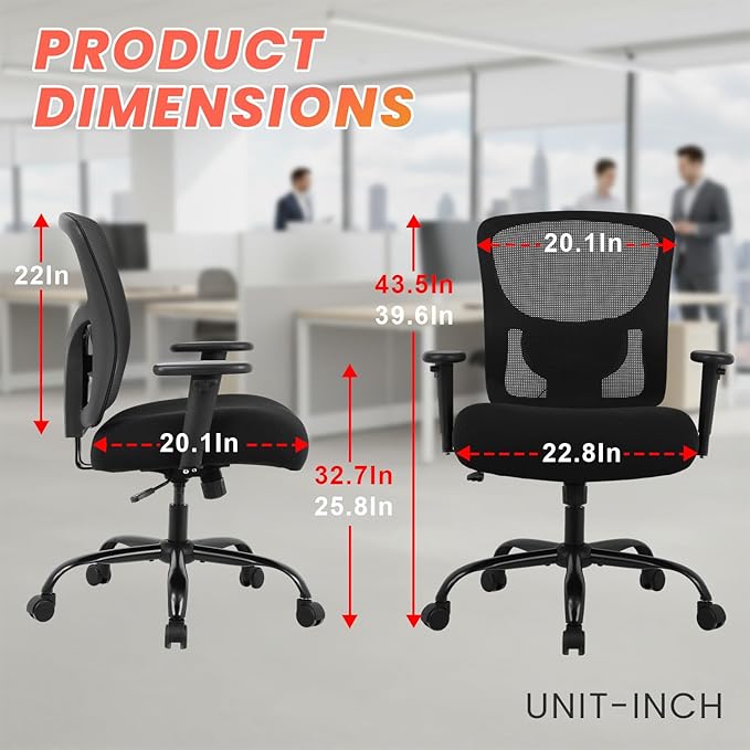 BestOffice Big and Tall 500 lb Mesh Office Chair Ergonomic High Back Desk Chair with Lumbar Support and Extra-Wide Seat for Home Office, Black