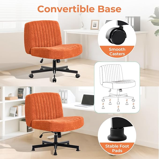 Convertible Base Criss Cross Chair with Pocket Springs & Thicker and Wider Cushions, Armless Legged Office Chair Relieves Back Pain, Swivel Vanity Chair for Living Room/Office, Orange
