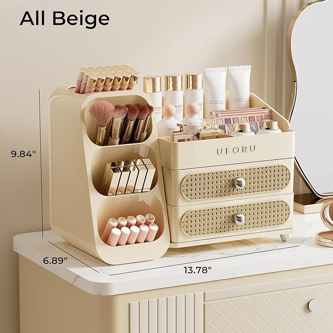 Makeup Organizer for Vanity with Brush Holder, Countertop Skincare Organizer with 2 Drawers, Spacious Cosmetic Display Case for Perfumes, Eyeshadow Palettes, Nail Polishes