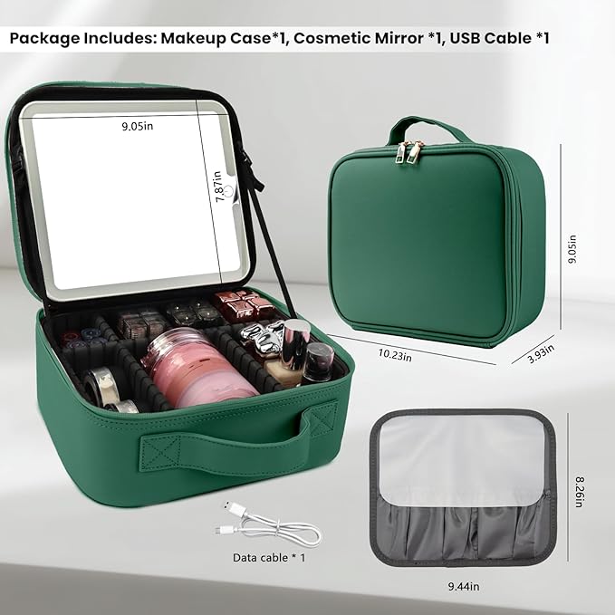 Makeup Bag with Led Mirror,Portability Cosmetic Case Portable Cosmetic Brush Organizer Bag with Adjustable Dividers,Gift for Women,Girls Gift (Dark Green)