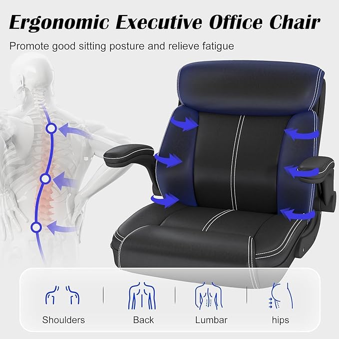 AnyGod 1Pcs Office Chair for Men Women Home Office Pu Leather High Back 360 Swivel Rocking Function Ergonomic Chair with Flip-Up Arms Lumbar Support Rolling Wheels Adjustable Height -Black Size