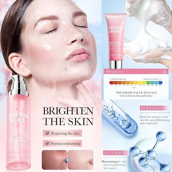 Sakura Skincare Kit, 11Pcs Skin Care Set with Cleanser, Toner, Serum, Cream, Eye Cream, Lip Balm & Masks. Skincare Gift Set for Teens & Women, Moisturize & Smooth Skin (11Pcs, Cherry)