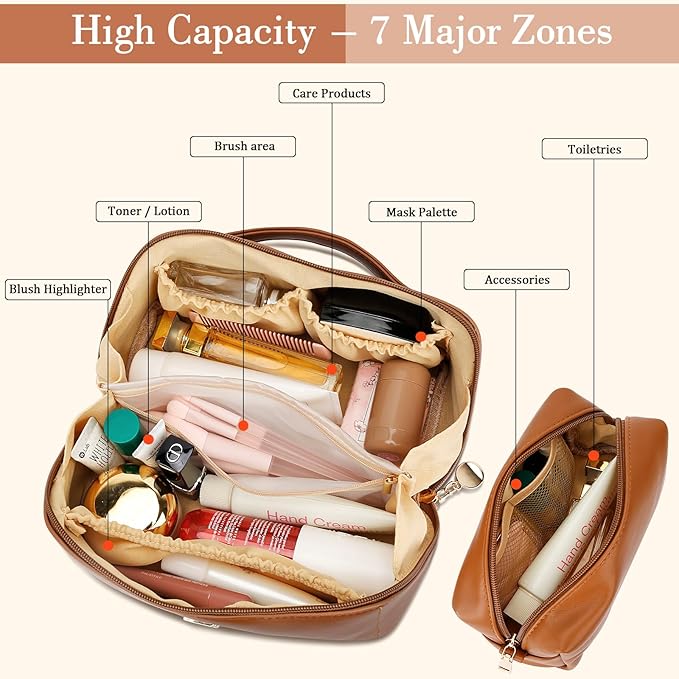 Birthday Gifts for Women Teen Girl, Personalized Initial Makeup Organizer Bag Set, Open Flat Travel Cosmetic Bag With Clear Divider and Handle(Brown,H)