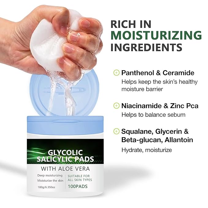 Glycolic Acid & Salicylic Acid Pads – Soft and Smooth Face Exfoliating Toner Pads with Aloe Vera – Hydrating Daily Use Pads for Sensitive Skin, 100 Count (1 Pcs)