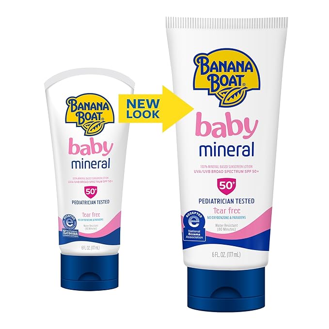 Banana Boat 100% Mineral Baby Sunscreen Lotion SPF 50 Twin Pack | SPF 50 Sunscreen for Babies, Baby Sunblock Lotion, Oxybenzone Free, 6oz each