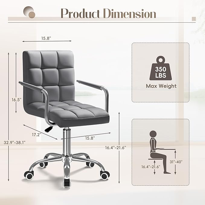 Furmax Vanity Office Chair with Wheels,Makeup PU Leather Executive Chair Modern Adjustable Home Desk Retro Comfortable Work Chair 360 Degree Swivel with Arms (Grey)